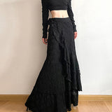 SHOPMOCHO Y2K Black Long Skirt Women Harajuku Gothic Lace Asymmetrical Maxi Skirts Summer Korean Ruffles Patchwork Bandage Design Faldas