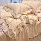SHOPMOCHO 2/3Pc Korean Princess Style Floral Ruffles Bedding Set Single Queen Size Soft Skin-friendly Washed Cotton Duvet Cover Pillowcase