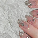 Shopmocho 24Pcs Glitter Diamond Press On Nails Sweet Cute Girl Acrylic Nails Full Cover Short Square Fake Nails Wearable Manicure Nail Tip