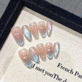 Shopmocho 10Pcs Reuse Finished Fake Nails with Butterfly Deisgn Pink Cat's Eye French Handmade Press on False Nails Wearable Nail Art Tips