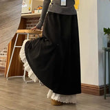 Shopmocho Casual Lace Trim Wide Leg Pants Fake Two-Piece Design Elastic Waist Patchwork Trendy High Waist Nine-Piece Length Polyester F...