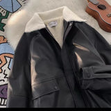 Shopmocho Y2K Fashion Lapel Leather Coat Cotton-padded Jacket Coat Women High Street Vibe Vintage Casual Pilot Jacket Cotton-padded Jacket