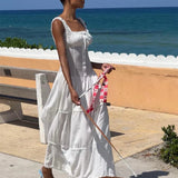 Shopmocho Candyhot Elegant Square-neck White Maxi Dress Casual Summer Slim Lace Up Sleeveless Dreses 2025 French Party Beachwear Vestidos
