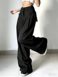 SHOPMOCHO Women's Black High Waist Wide Leg Suit Pants Pleated Front Side Tie Detail Loose Fit Casual Streetwear Spring Summer Trousers