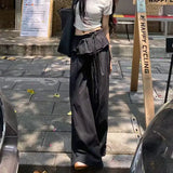 SHOPMOCHO -Streetwear Black Wide Leg Pants Women Y2K Fashion Ruffles Patchwork Baggy Pants Summer Harajuku Korean Casual Straight Trousers