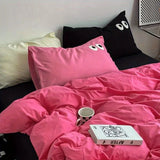 SHOPMOCHO Cute Duvet Cover Set with Sheet Pillowcase No Filler Warm Solid Color Bed Linen Full Queen Size Korean Big Eyes Home Bedding Set