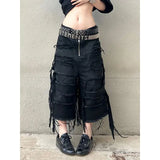 Shopmocho Harajuku Vintage High Waist Black Retro Washed Denim Shorts Women's Summer Gothic Casual Loose Y2K Streetwear Mid Long Short