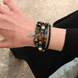 Shopmocho Handmade Hippie Design Brown Leather Bracelet Women Metal Star Note Charms Wood Button Beads Wrap Unisex Adjustable Bracelet
