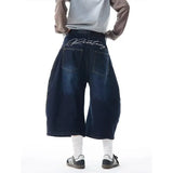 SHOPMOCHO Men's Women's 2026 Summer American Retro Embroidered Curved Denim Shorts Loose Wide Leg Capri Pants Streetwear Jeans