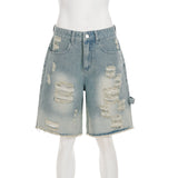 SHOPMOCHO SUCHCUTE Fashion Women Ripped Raw Hem Retro Jeans Shorts  Summer Five-Pocket Denim Shorts Chic Straight Legged Pants Streetwear