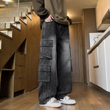 SHOPMOCHO Autumn New Men's Loose Jeans Multi-pocket Work-wearing Jeans Street Hip-hop Straight Wide-leg Pants Baggy Dance Pants