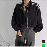 Shopmocho Loose Stand Collar Striped Design Two Bars Korean Chic Women's Jacket Versatile Outerwear Full Sleeve Korean Style