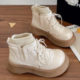SHOPMOCHO Women Platform Ankle Boots Spring Autumn Elegant Lolita Style Ladies Causal Boots Fashion Simple Versatile Leather Boots Women