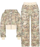 SHOPMOCHO Fashion Trend Y2k Sportswear Two Piece Set Women Hip Hop Punk Camo Short Waist Slim Zipper Hoodie Casual High Waist Sports Pants