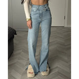 SHOPMOCHO Autumn Dislocation Design High Waist Split Jeans Straight Trousers