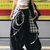 SHOPMOCHO Y2K American Black Retro Hip-Hop Spliced Plaid Belt Hot Girl Loose Casual High Waist Women Wide-Leg Quick-Drying Sweatpants