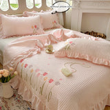 Shopmocho Quilt Bedding Set,white Lightweight Soft Bedspread, embroidery tulip Coverlet Set for All Seasons,3 Piece(1 Quilt,2 Pillow Shams