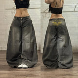 SHOPMOCHO 2026 American New Fashion Star Pattern Embroidery Old Jeans Women Y2K Gothic Hip-hop Casual Joker Straight Wide-leg Trousers