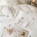 SHOPMOCHO 3pcs Rose Embroidered Duvet Cover Set (1*Duvet Cover + 2*Pillowcase, Without Core), Princess Style Lace Bedding Set