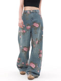 SHOPMOCHO 2025 Ropa Y2K Fashion Peach Blossom Printed Baggy Jeans Pants For Women Clothing Wide Leg Casual Lady Trousers Pantalon Femme