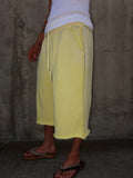 SHOPMOCHO Men's Vintage Washed Cotton Cropped Pants Frayed Edges Handprint Back Pocket Drawstring Waist Wide Leg Casual Summer Streetwear