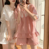 SHOPMOCHO Palace Style Pajamas Ladies Summer Loungewear Set Short-Sleeved with Cushion Korean Small Sweet Girlfriends Loungewear Set