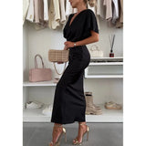 Shopmocho 2025 Fashion Sexy Satin Dress Women's Batwing Short Sleeve Wrap V-neck Twist Bodycon Midi Long Dresses Party High Street Dresses