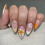 Shopmocho 24Pcs Mid-length 3D Flowers Design Fingertips Sweet Butterfly Yellow Ripple Almond False Nails Detachable Full Cover Press Ons