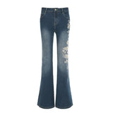 Shopmocho Flare Pants Jeans Women Embroidery Boot Cut Low Waist Washed Distressed Pockets Floor Length Streetwear 2025 Denim Trousers