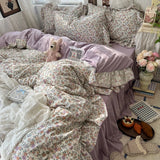 SHOPMOCHO 3/4Pcs Korean Princess Style Floral Ruffles Bedding Set Skin-friendly Soft Duvet Cover Set Bed Sheet Or Bed Skirt Pillowcases