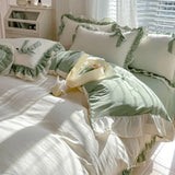 SHOPMOCHO Spring Green Princess Bedding Set Double Layer Lace Bow Quilt Cover Sheet And Pillowcase Simple Pastoral Girl Home Textiles