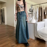 Shopmocho Spring Summer New Sweet Cool Retro Distressed Denim High Waist A- Line Long Skirt Women's Wrap Body Skirt Cotton Pure Color