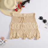 Shopmocho Handmade Crochet Hollow Out Swimwear Cover Up Solid Color Drawstring Short Skirt Women Holiday Knitting Sweet Beachwear