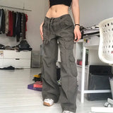 SHOPMOCHO-American Style Vintage Multi-pocket Distressed Cargo Pants Loose Fit Slimming Straight-leg Casual Trousers For Men Women