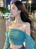 SHOPMOCHO New line shoulder mesh long sleeve T-shirt women with slim-fit hottie sexy explosion street wear short top