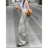 Shopmocho Women's American Retro Stitching Leopard Print Jeans Streetwear Hip-hop Loose Straight Trousers 2025 New Y2K Wide Leg Denim Pant
