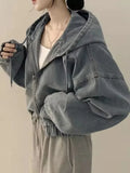 SHOPMOCHO Women's Short Denim Jacket Loose Long Sleeved Casual Fashion Fall  Retro Zipper Design Hoodie Outerwear Versatile Outwear