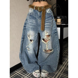 SHOPMOCHO ZHIZOU Women Blue Baggy Y2k Ripped Jeans Hip Hop Grunge Wide Jean Pants Vintage 2000s Harajuku Denim Trousers Clothes Summer