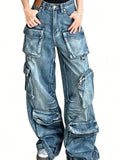 SHOPMOCHO  Women Cargo Jeans Vintage Multi Pocket Wide Leg Washed Streetwear Baggy Summer 2026 New 05E02798