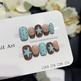 Shopmocho 10pcs Handmade French Short Press On Nails Blue Brown Polka Dot Bow Star Design Fake Nail Wearable Nail Art Tips for Girls