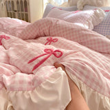 Shopmocho Korean Style Bedding Sets 2025 Pink Grid Bow Quilt Cover Romantic Bed Sheet Sets Woman Girls Bedroom Duvet Cover 4pcs