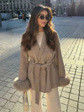 SHOPMOCHO American Fashionable V-neck Lapel Furry Sleeves Lace-up Long-sleeved Woolen Coat Elegant Lace-up Long-sleeved Wool Coat
