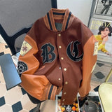SHOPMOCHO American New Retro Letter Flocking Splicing Jacket Female Y2K High Street Fashion Hip-hop Loose Tooling Baseball Uniform Jacket
