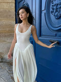 Shopmocho Irregular Pleated Hem Solid Long Dress Elegant U Neck Sleeveless High Waisted Strap Robes Summer Women Fashion Street Wear