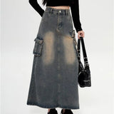 Shopmocho 2025 Women Y2k High Waist Denim Ankle Length Cargo Skirts Girls Robe Cool Wrap Dress Female Retro Blue A Line Long Jeans Skirts