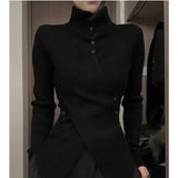 Shopmocho Deeptown Harajuku Black Turtleneck Women Sweaters Criss Cross Irregular Korean Fashion Button Knit Pullovers Slim Warm Aesthetic