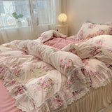 SHOPMOCHO 100% Cotton Vintage Pastoral Style Bedding Set Ultra Soft Pink Rose Floral Ruffle Edge Duvet Cover Bed Sheet Pillowcases 4Pcs