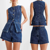 SHOPMOCHO- Summer Women's Denim Shorts Suit Sleeveless O-neck Single Breasted Split Top Vest High Waist Wide Leg Shorts 2025 Lady Sets