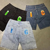 SHOPMOCHO Y2k American Retro Hip-Hop Printed Denim Shorts Summer Men And Women Fashion High Street Personalized Loose Straight Jeans