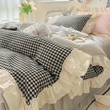 Shopmocho Korean Princess Style Bedding Set Soft Skin-friendly Lattice Lace Ruffles Quilt Cover Plaid Style Duvet Covers Set Pillowcases